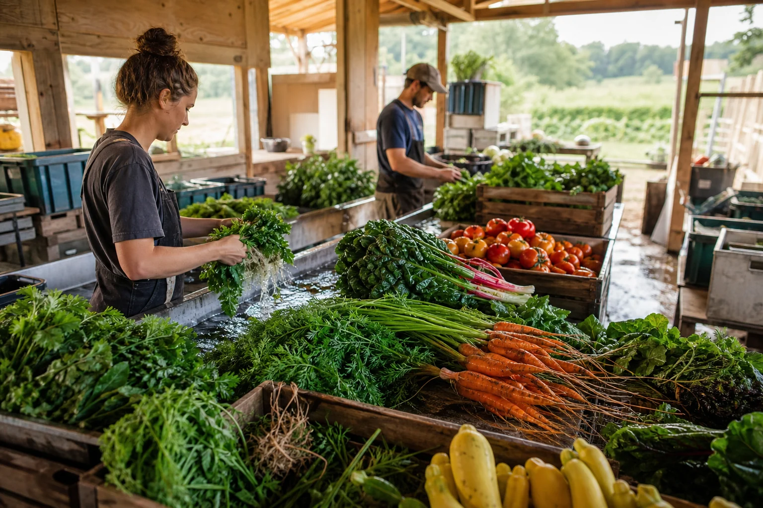 Farm crew washing and sorting a colorful seasonal vegetable harvest