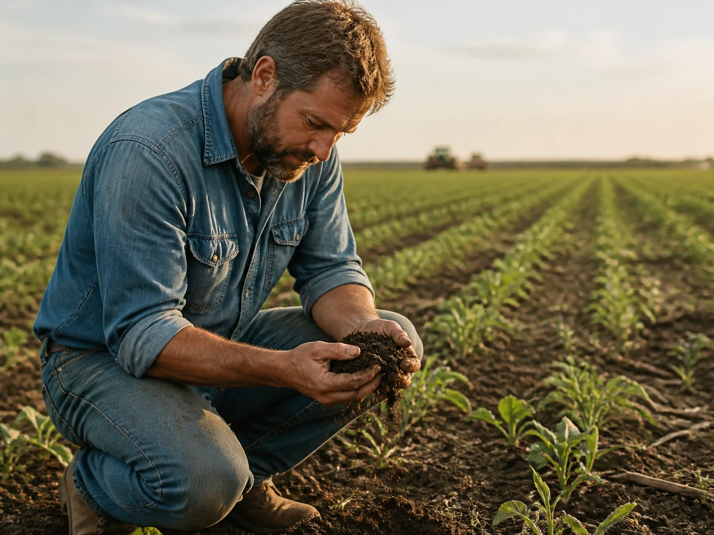Farmer examining a handful of healthy soil among young crops